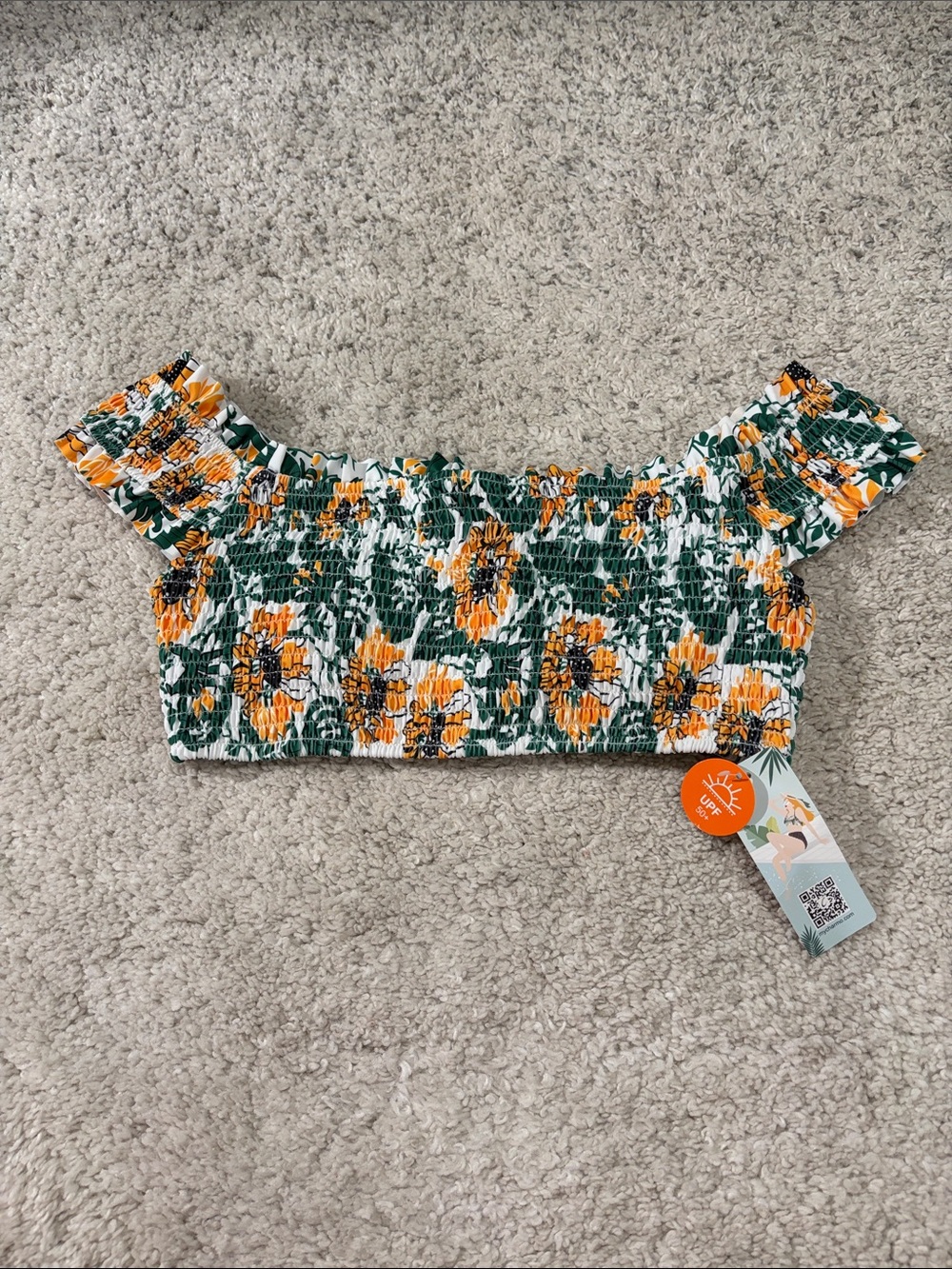 Women's Off-Shoulder Smocked Floral Crop Swim Top - Green & Yellow Size L NWT